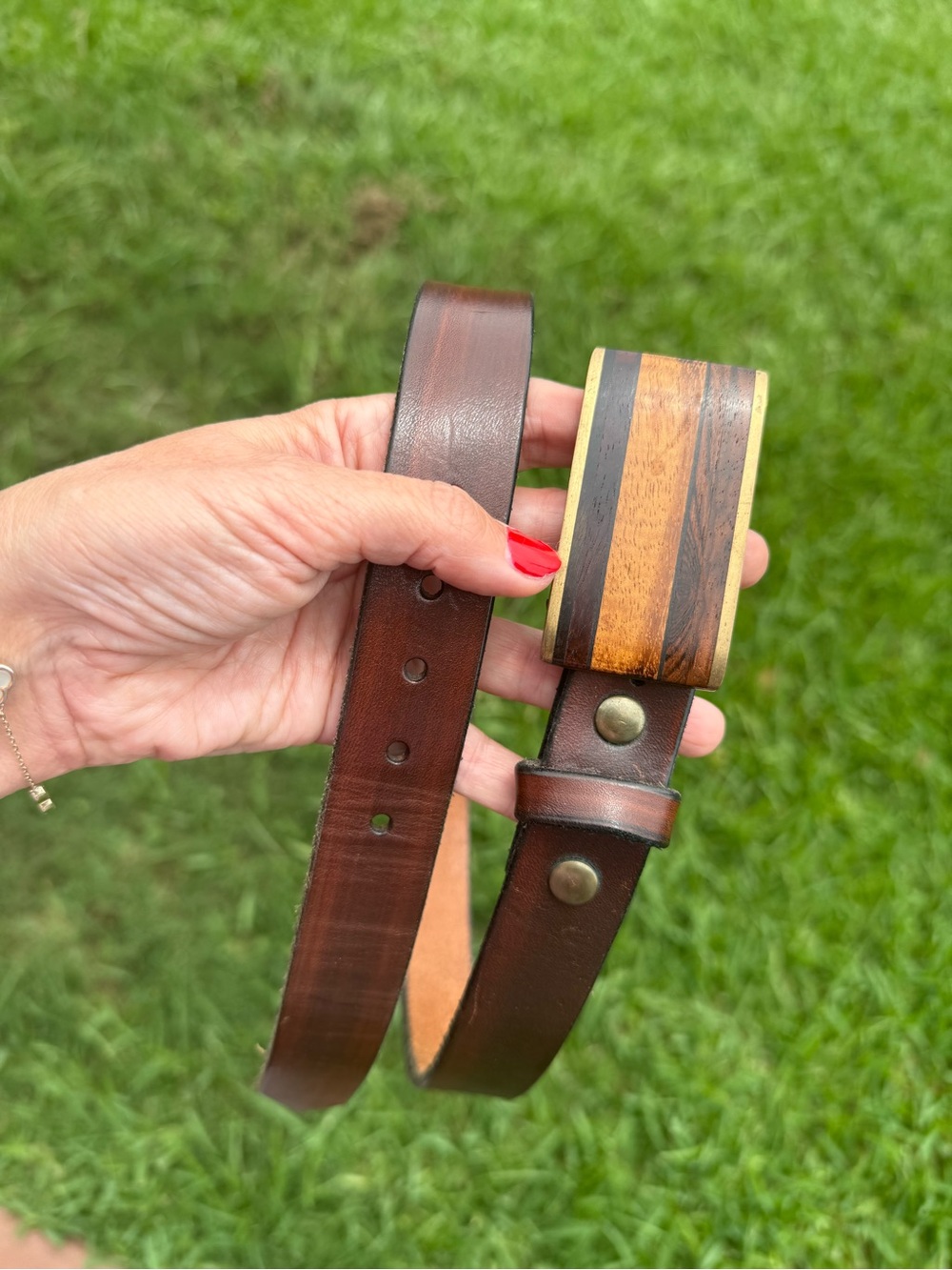 VTG Kenneth Reid Handmade Leather Belt Wood Brass Buckle New Mexico